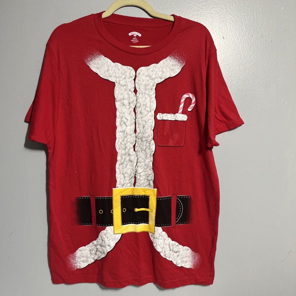 Holiday Time Christmas Shirt Red Santa Claus Mens Size Large Short Sleeve Crew